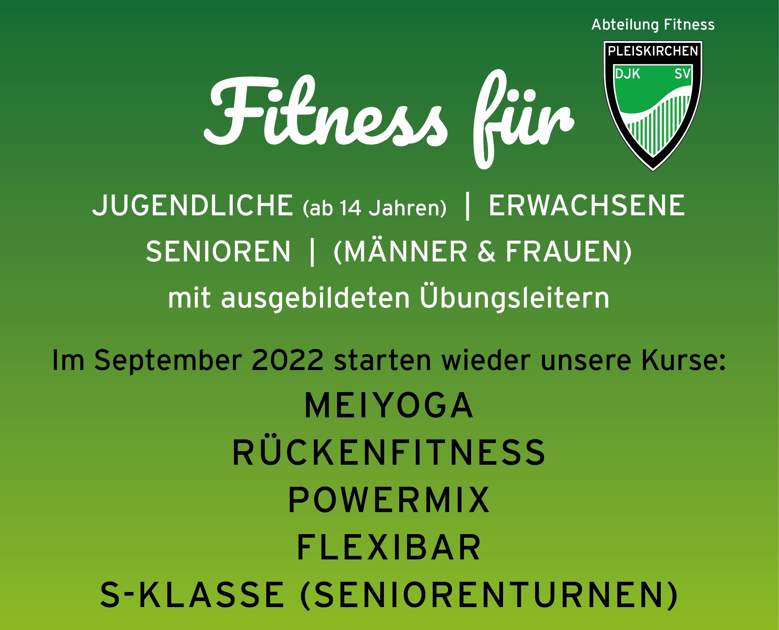Vorankündigung: Fitnesskurse für Erwachsene | Anmelden vom 30.08. - 09.09. möglich!