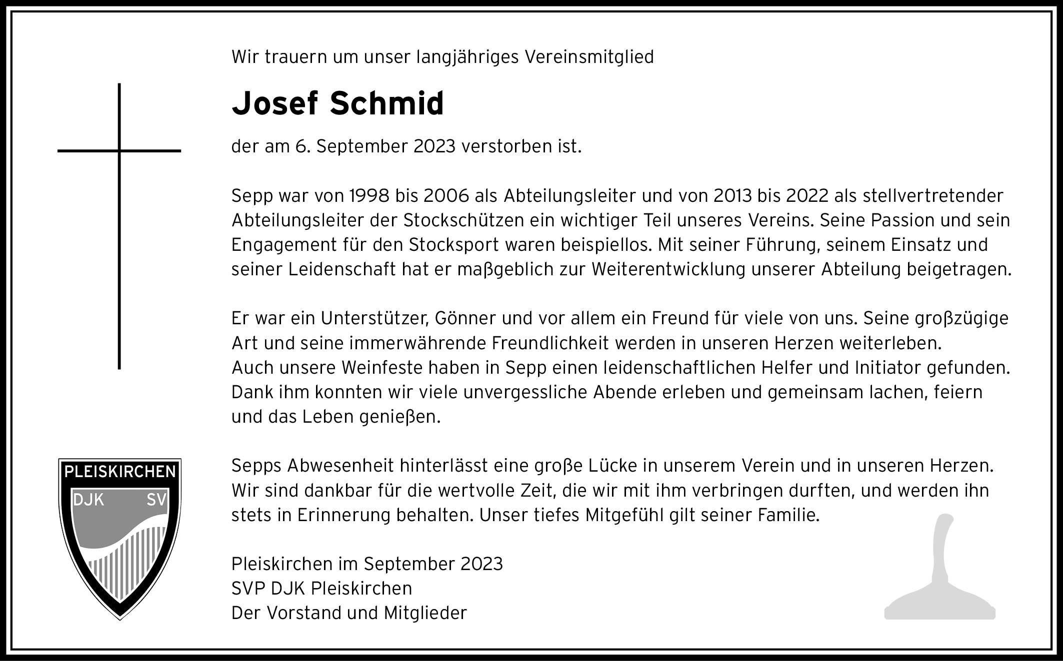 Nachruf für unser langjähriges Vereinsmitglied und ehemaligen Abteilungsleiter Josef Schmid